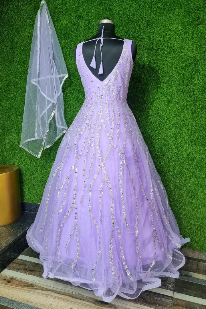 Full Embroidered Partywear Gown With Front And Back Work In Lavender