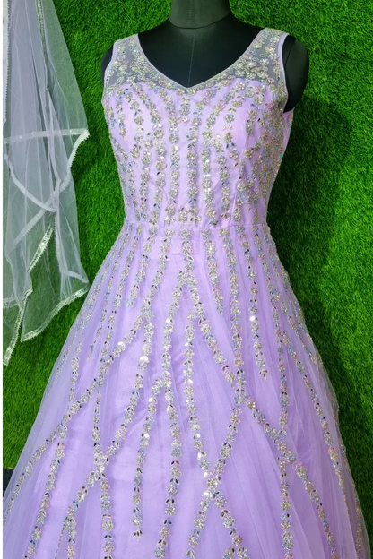 Full Embroidered Partywear Gown With Front And Back Work In Lavender