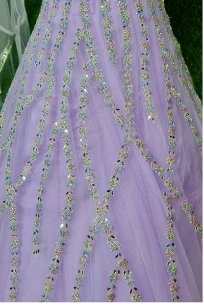 Full Embroidered Partywear Gown With Front And Back Work In Lavender