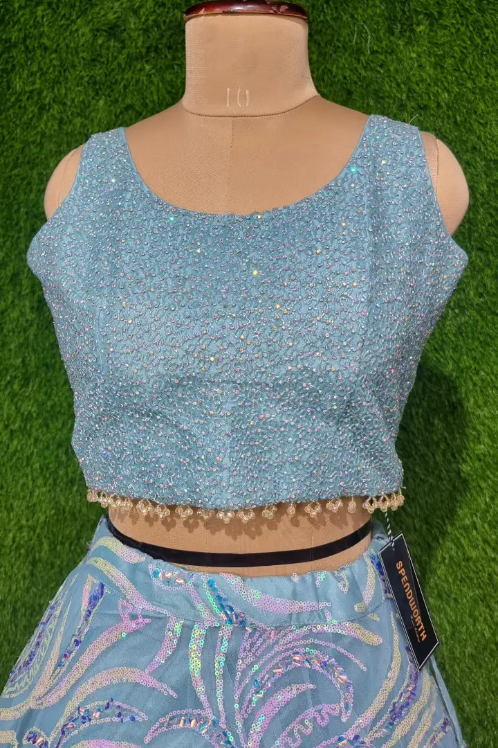 Decent Crop Top Skirt with HAnd Embellished Blouse With Sequence Work Flared Skirt