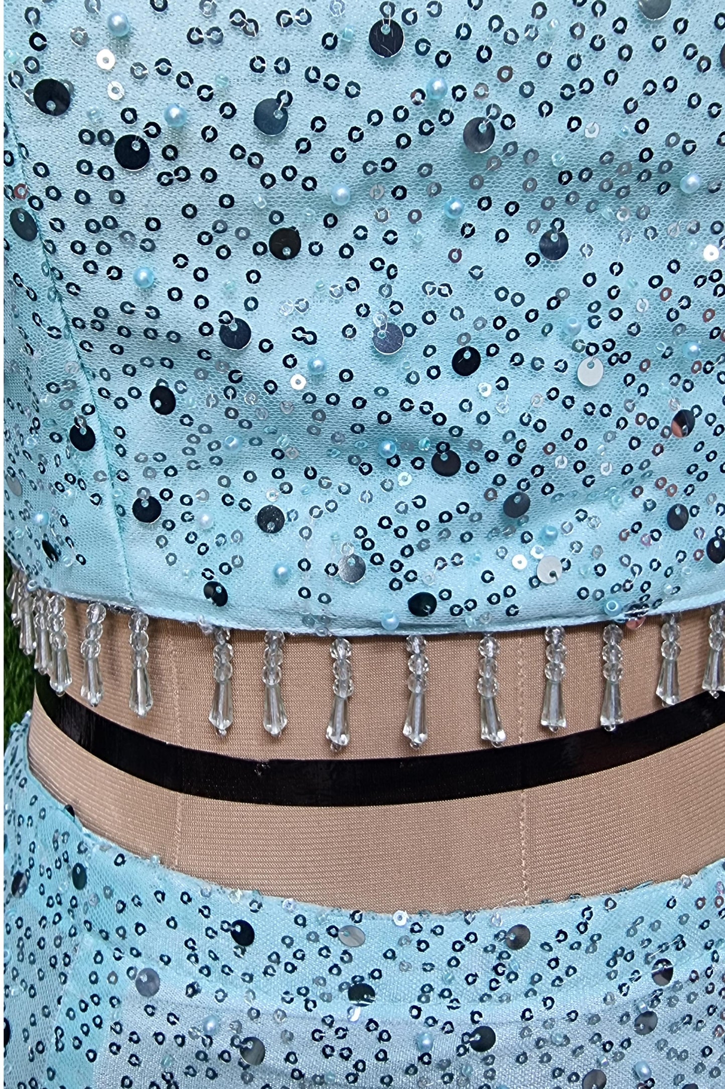 Full Embellished Partywear Fish Cut Crop Top Skirt in Sky Blue