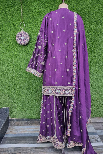 Heavy Embellished Front Slit Sharara Suit In Chinnon With Semi Stich Shirt With Heavy Embroidered Bottom Plazo