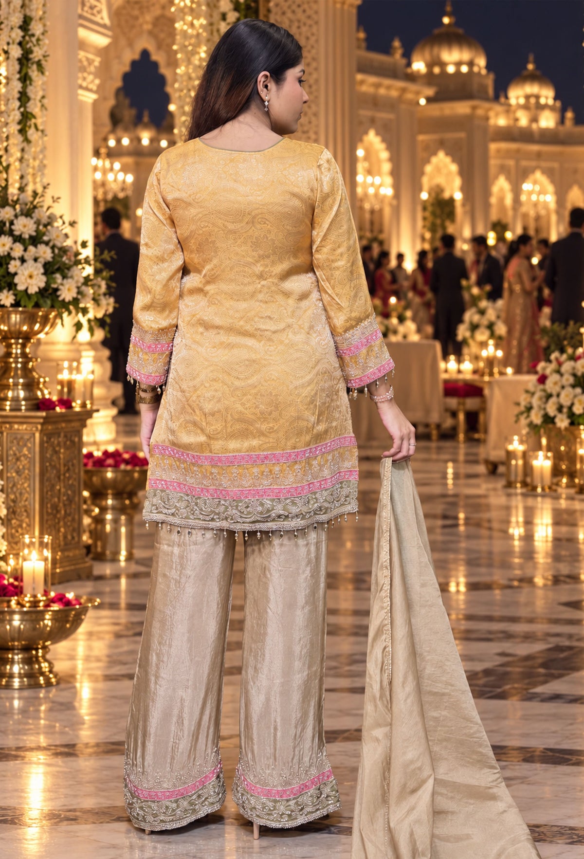 Banarasi Jacquard Silk Sharara Suit with Contrast Bottom and Organza Dupatta