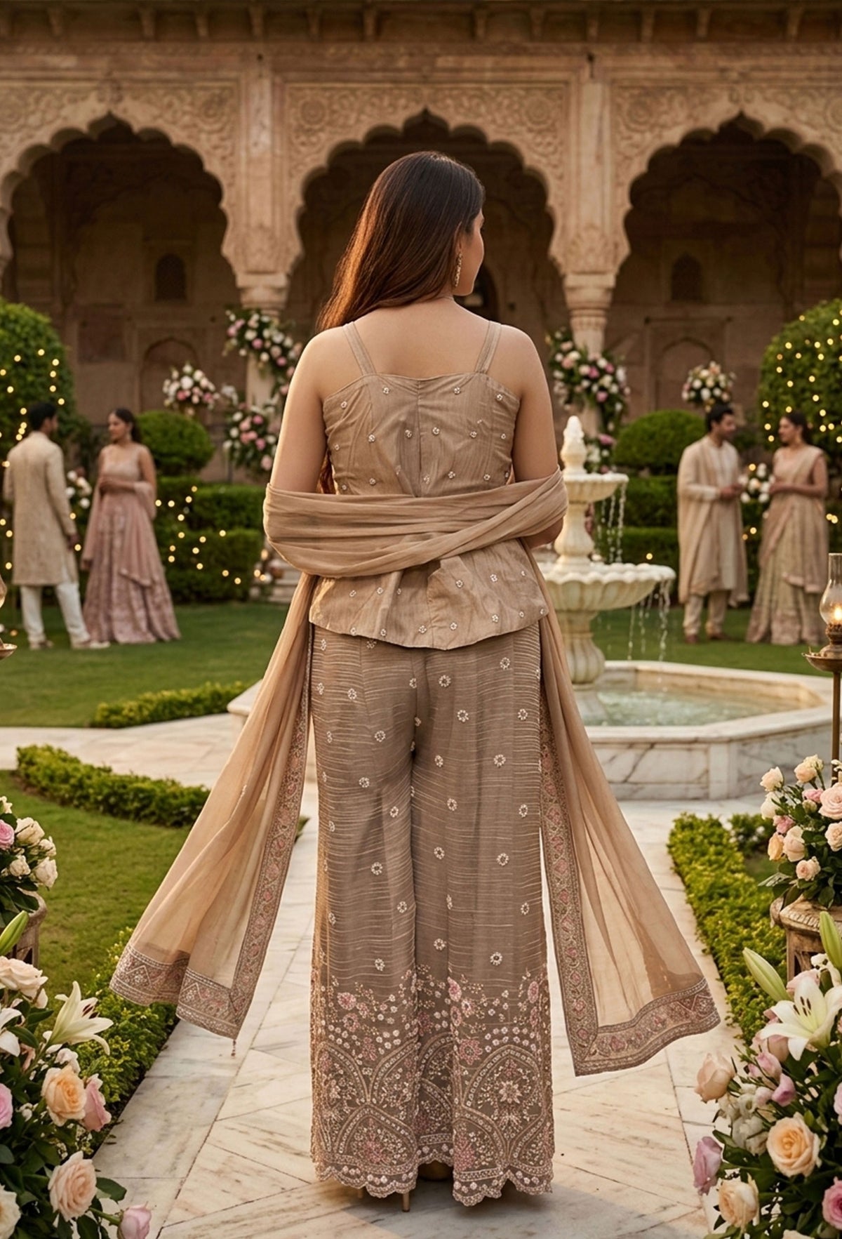 Spaghetti Style Short Full Beadwork Palazzo Set with Dupatta