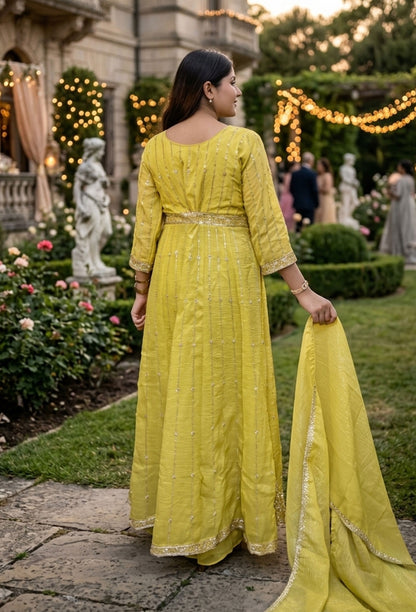Designer Front Slit Anarkali with Palazzo and Silk Dupatta