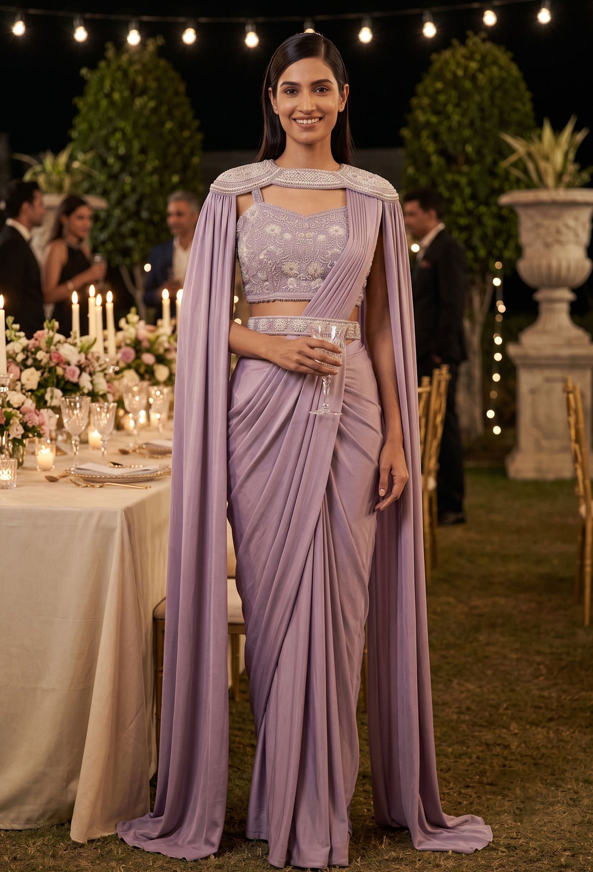 Ready to Wear Drape Saree with Pearl Beaded Blouse Cape and Waist Belt