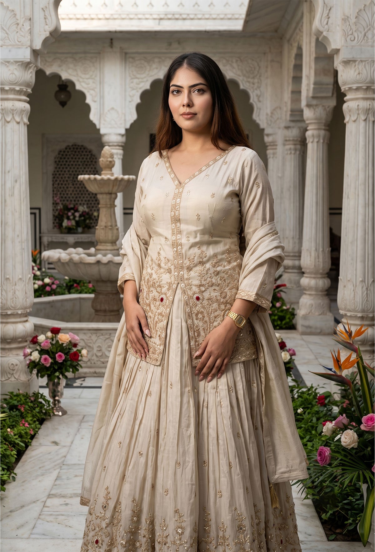 Designer Lehenga Set with Full Sleeve Beadwork Shirt and Dupatta