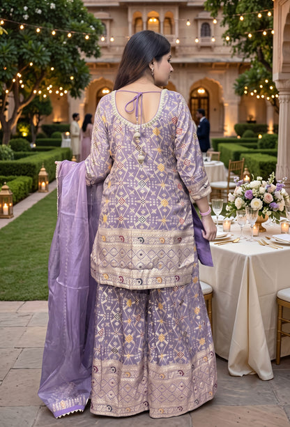 Pure Banarasi Straight Sharara Suit with Organza Bordered Dupatta
