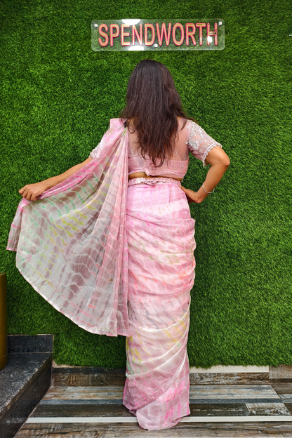 Hand Embellished Blouse Drape  Saree in Pink.
