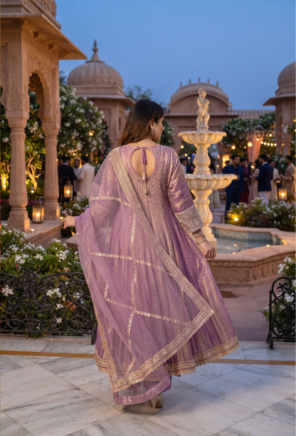 Partywear Crush Silk Anarkali with Embroidered Trouser and Dupatta