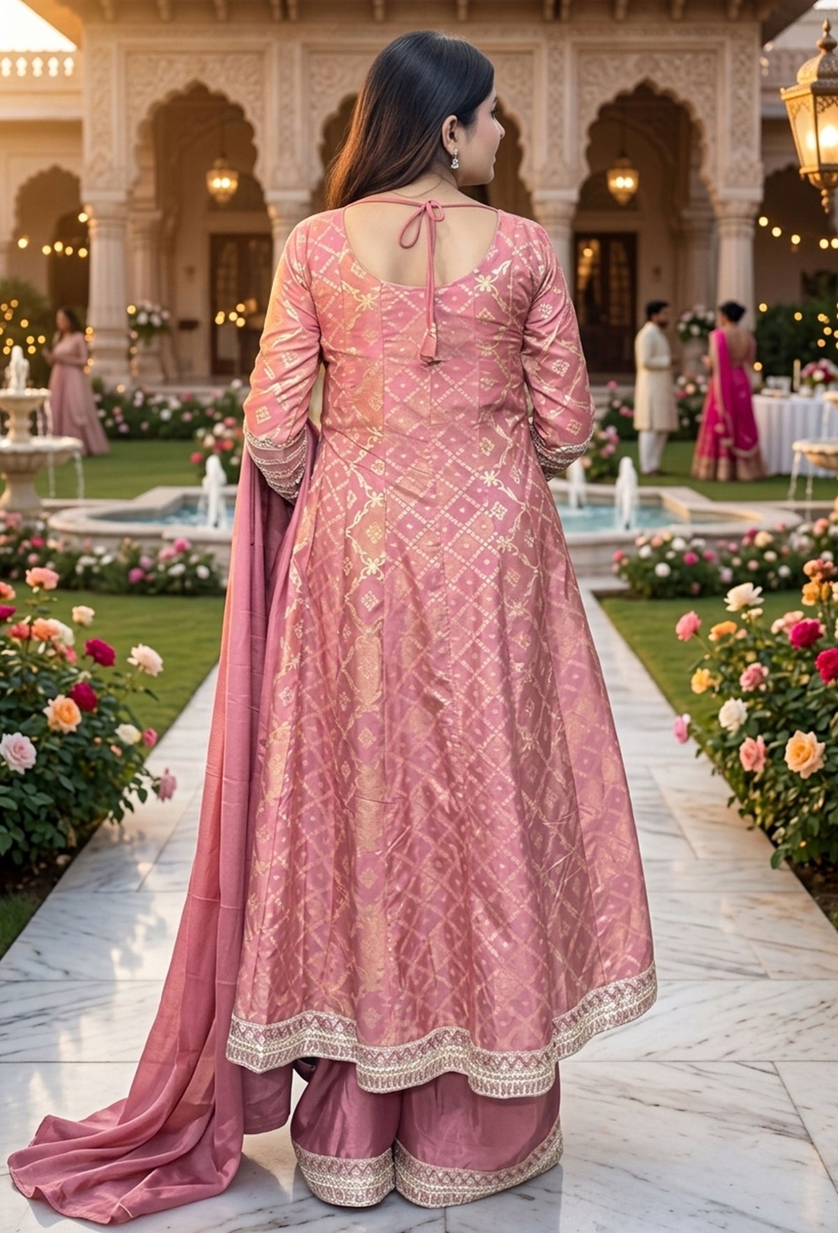 Pure Banarasi Silk Front Cut Anarkali with Chinnon Palazzo and Dupatta