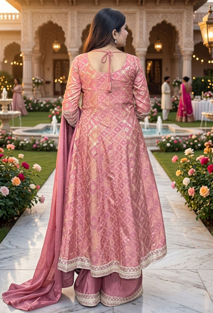 Pure Banarasi Silk Front Cut Anarkali with Chinnon Palazzo and Dupatta
