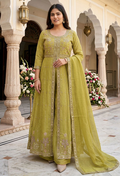 Designer Front Slit Anarkali with Palazzo and Silk Dupatta