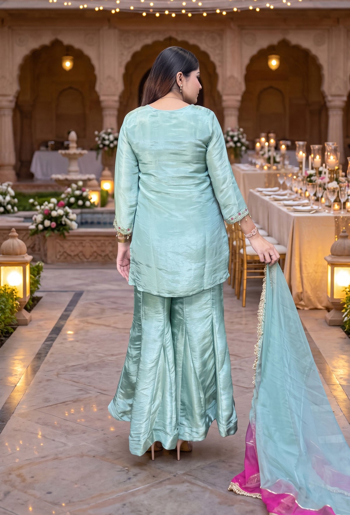 Designer Silk Suit Set with Organza Tie Die Dupatta