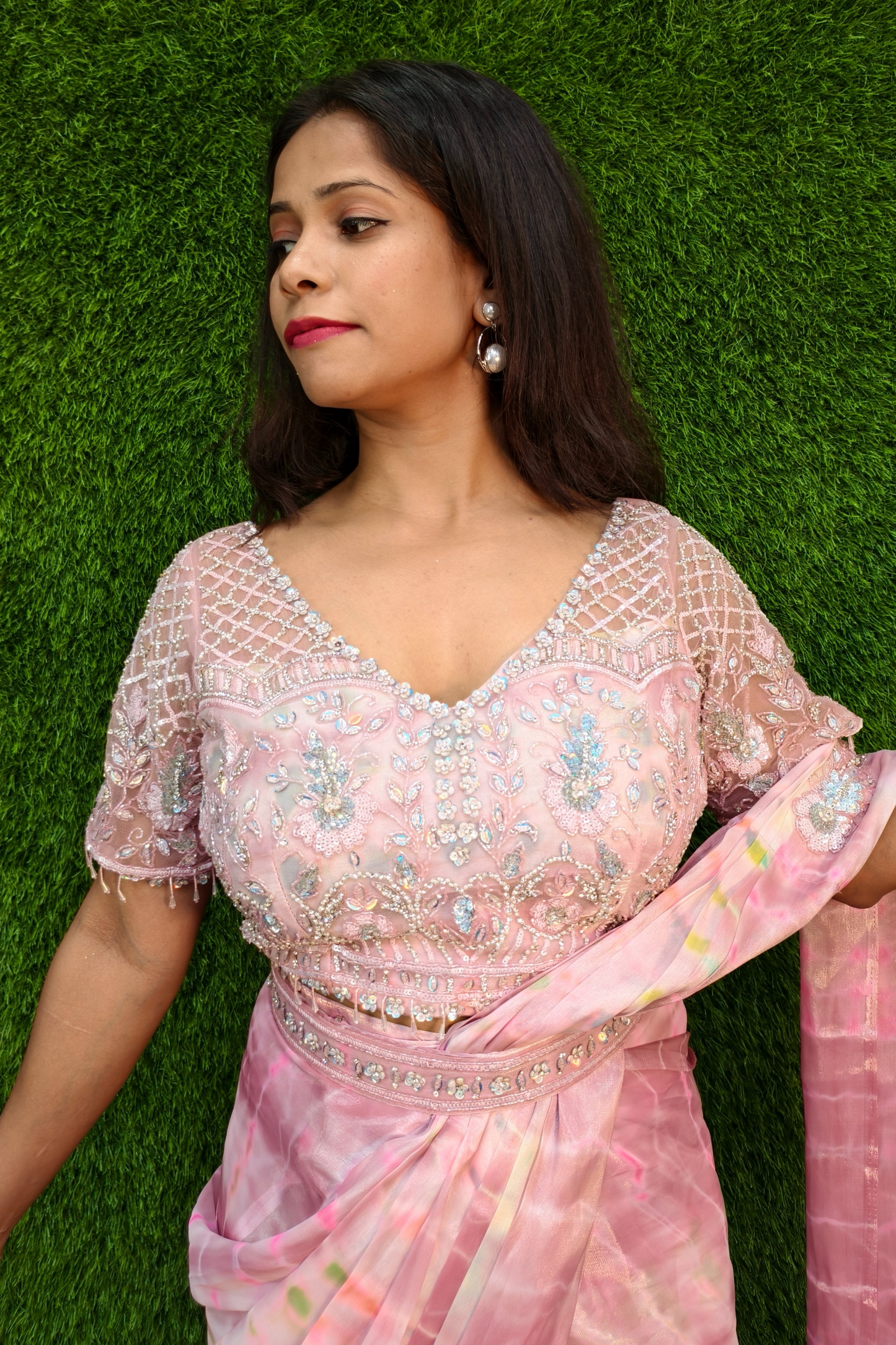 Hand Embellished Blouse Drape  Saree in Pink.