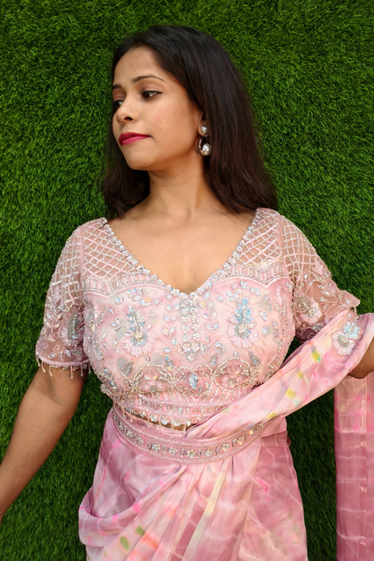 Hand Embellished Blouse Drape  Saree in Pink.