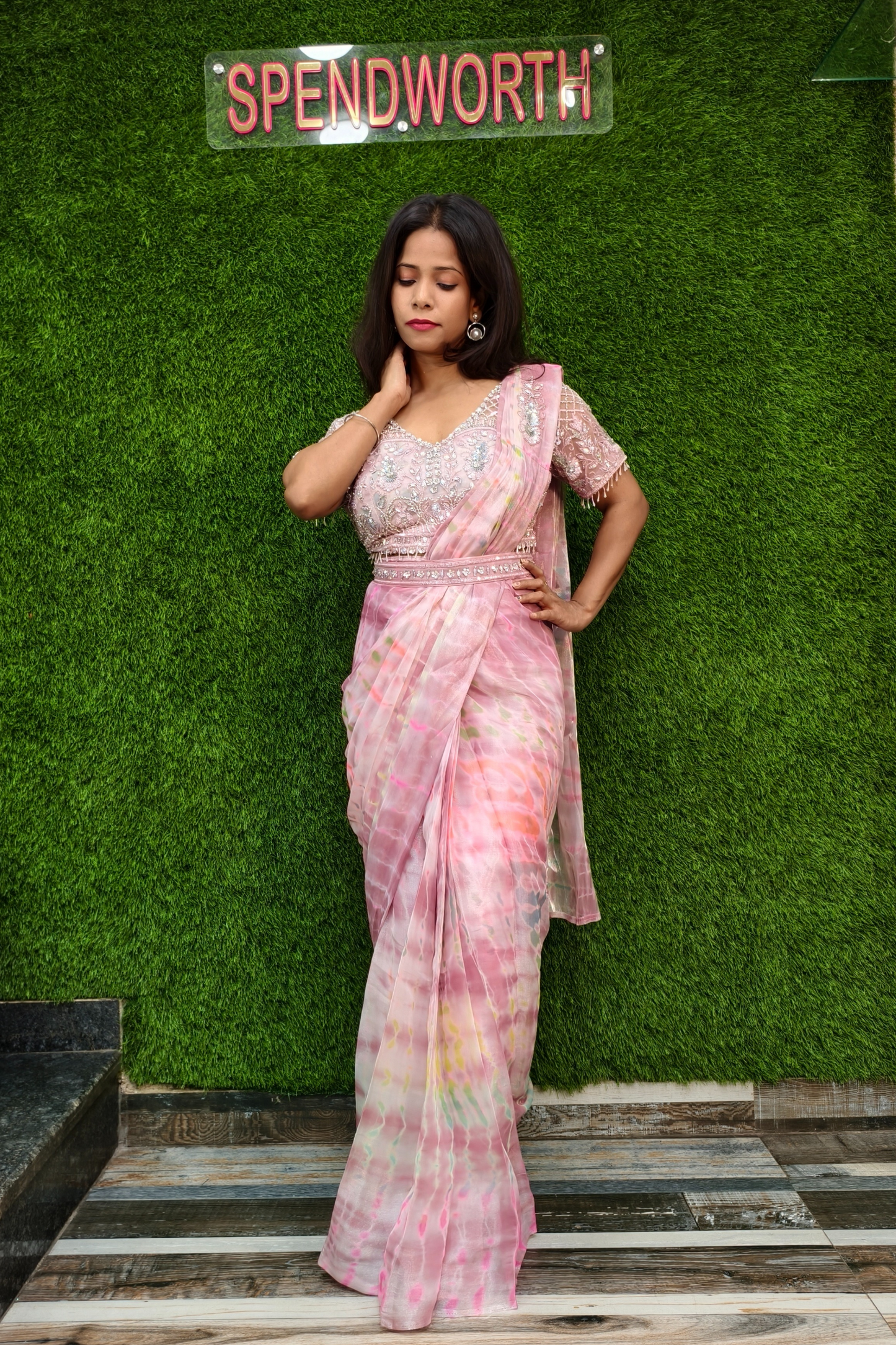 Hand Embellished Blouse Drape  Saree in Pink.