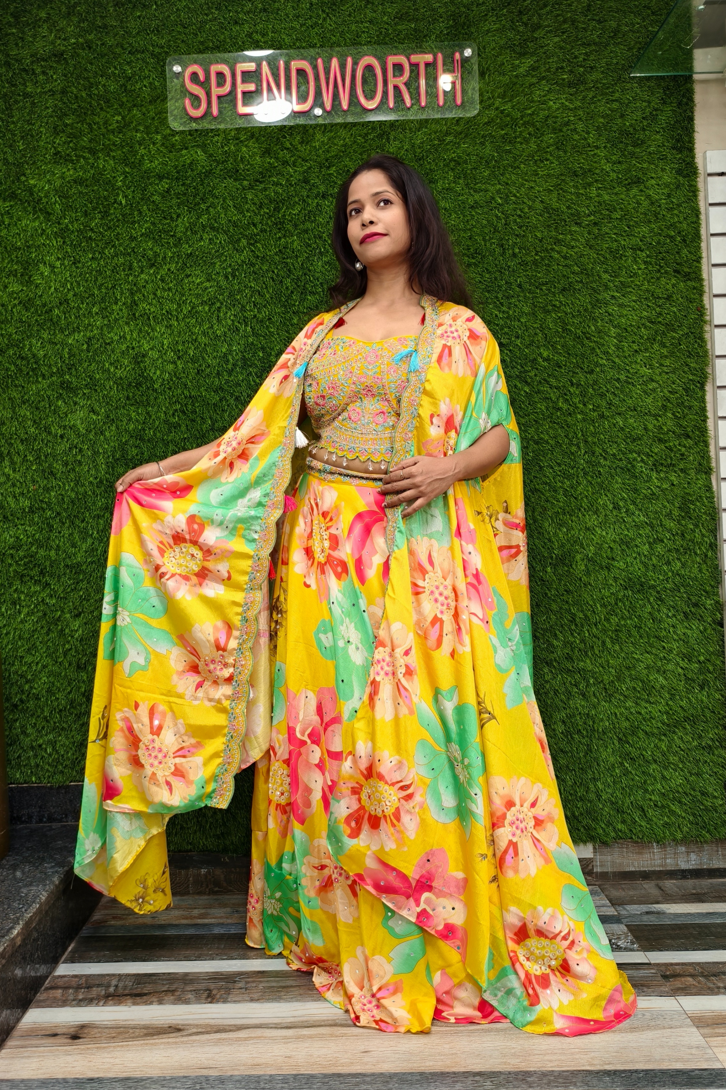Printed Crop Top Skirt with Shrug for Haldi Ceremony