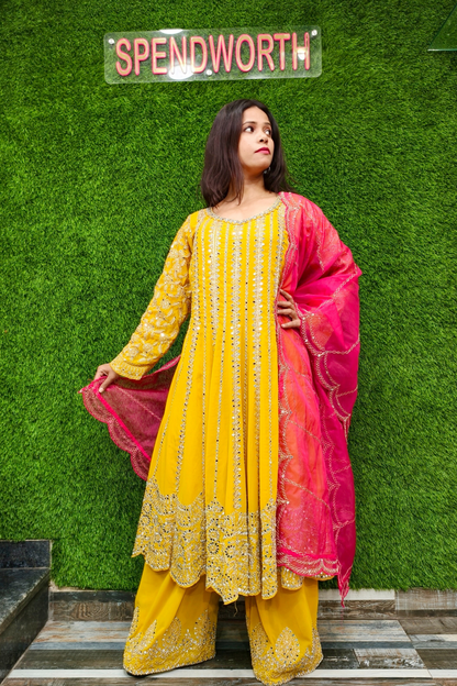 Mirror Work long Anarkali Partywear Suit with PLazo.