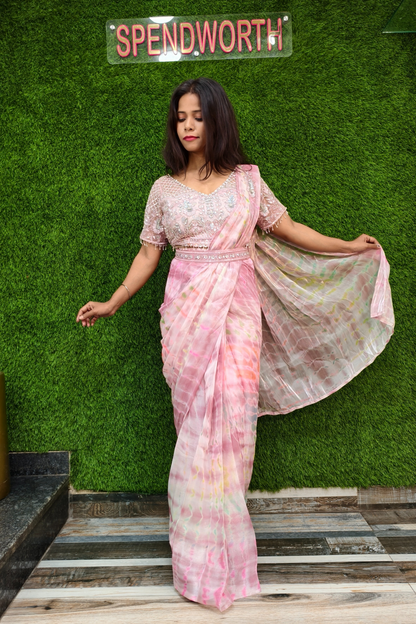 Hand Embellished Blouse Drape  Saree in Pink.