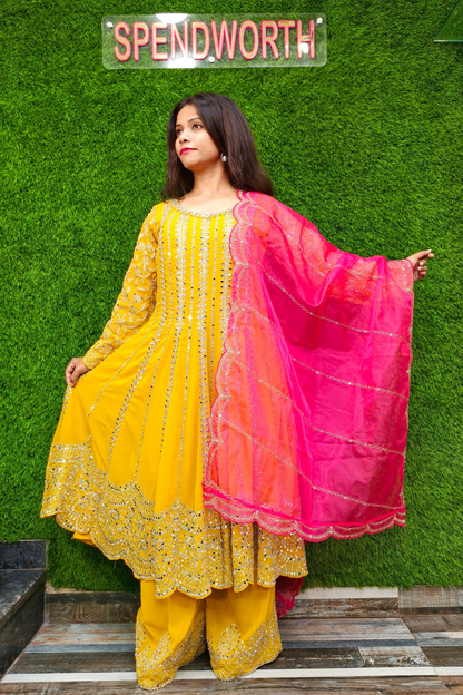 Mirror Work long Anarkali Partywear Suit with PLazo.