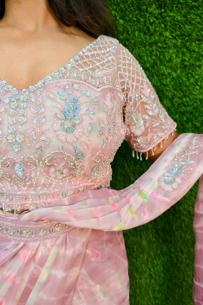 Hand Embellished Blouse Drape  Saree in Pink.