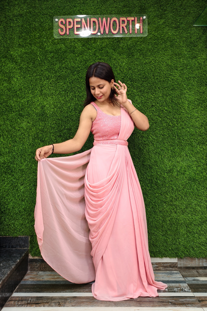 Girlish Ready to wear Drape Saree in Pink.