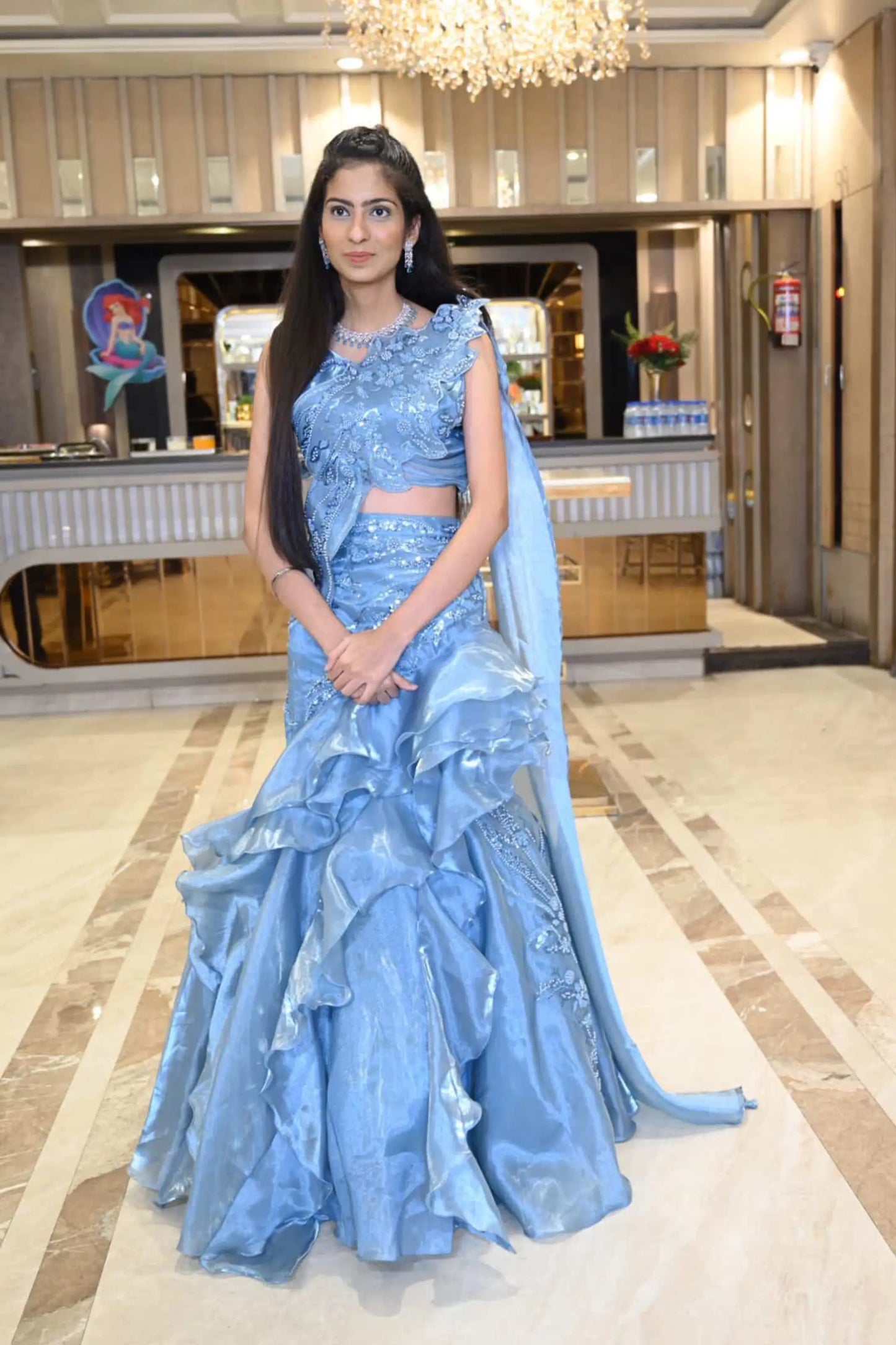 Designer Appliqué Fish Cut Dress with Ruffled Lehenga & Asymmetric Falling Sleeve