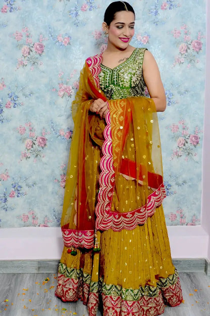 Contrast Hand Embroidered Lehenga Choli In Chinon