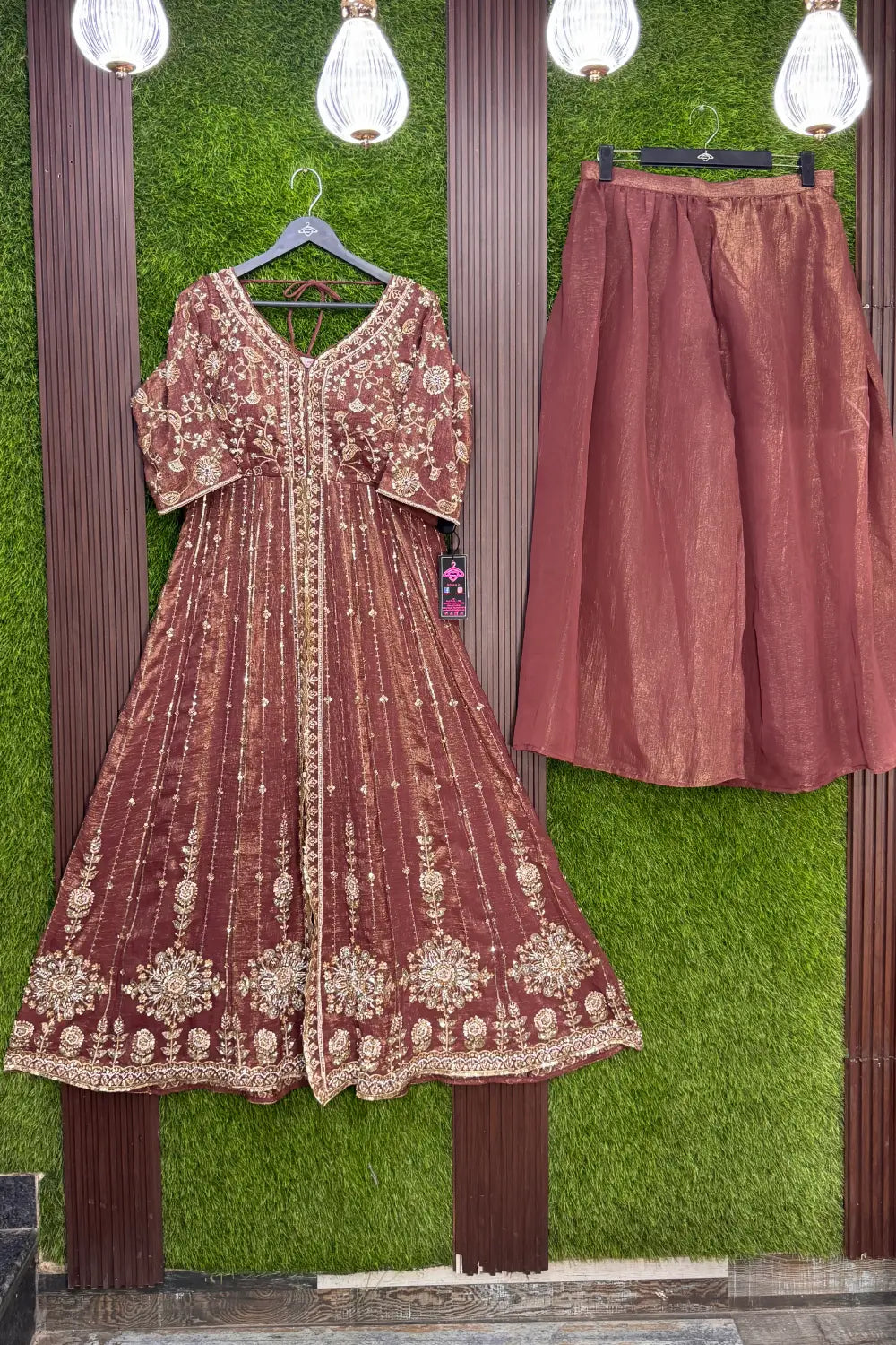 Front-Slit Shimmer Tissue Silk Anarkali Suit Set with Plazo Pants with Dupatta