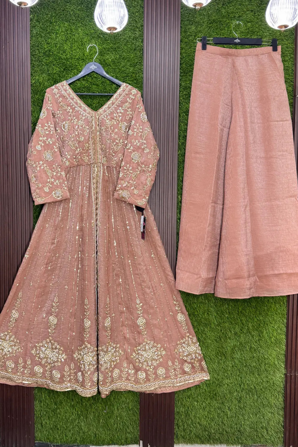 Front-Slit Shimmer Tissue Silk Anarkali Suit Set with Plazo Pants with Dupatta