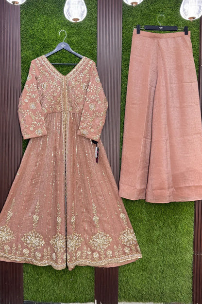 Front-Slit Shimmer Tissue Silk Anarkali Suit Set with Plazo Pants with Dupatta