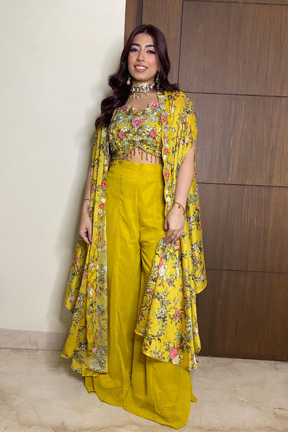 Indo western 3 piece Dress With Digital Printed Shrug In Yellow For Haldi Occasion