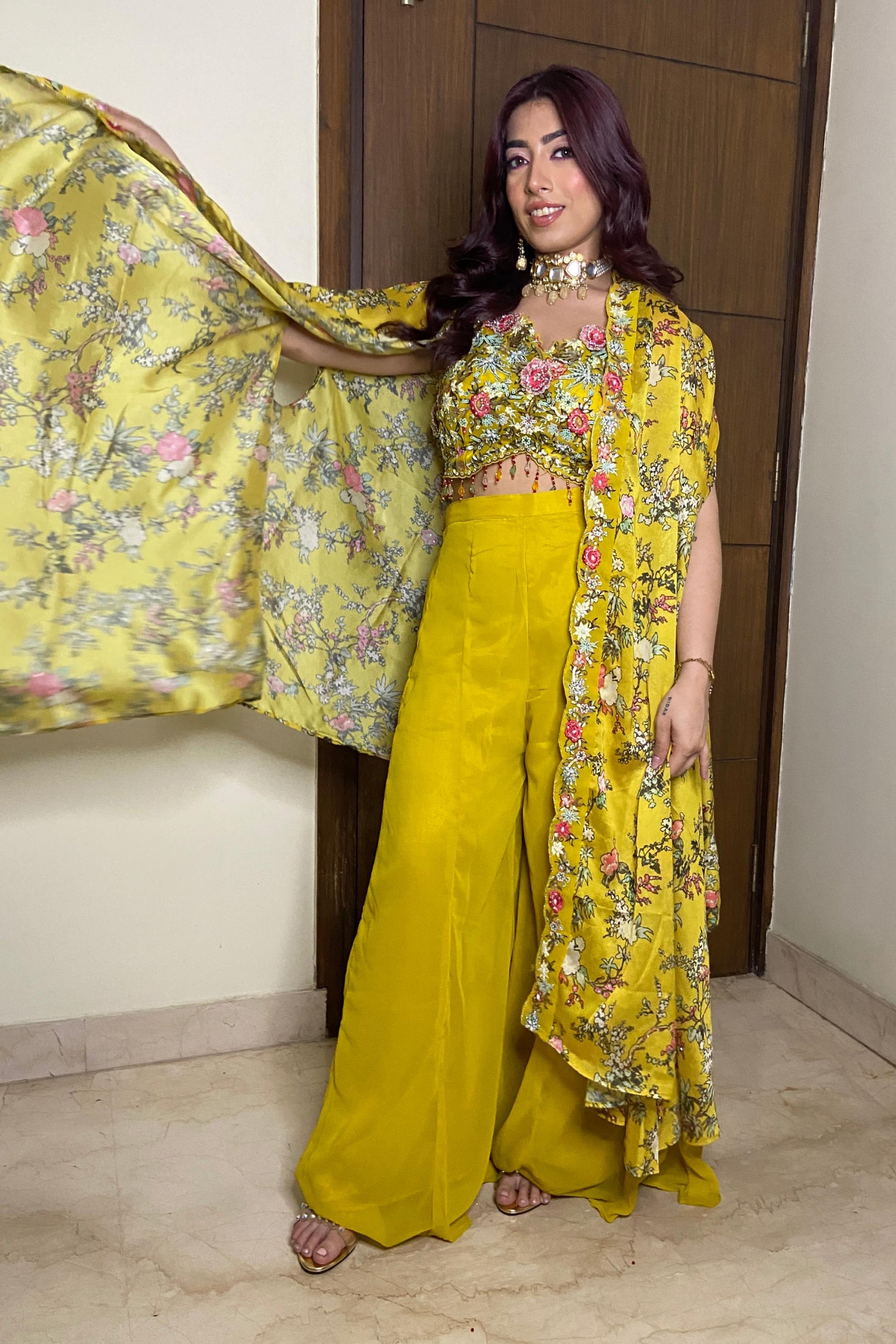 Indo western piece Dress With Digital Printed Shrug In Yellow