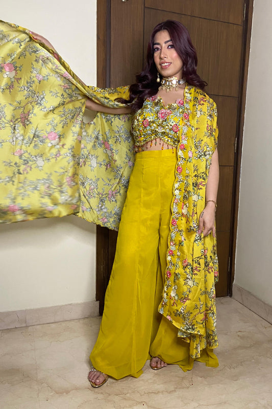 Indo western 3 piece Dress With Digital Printed Shrug In Yellow For Haldi Occasion