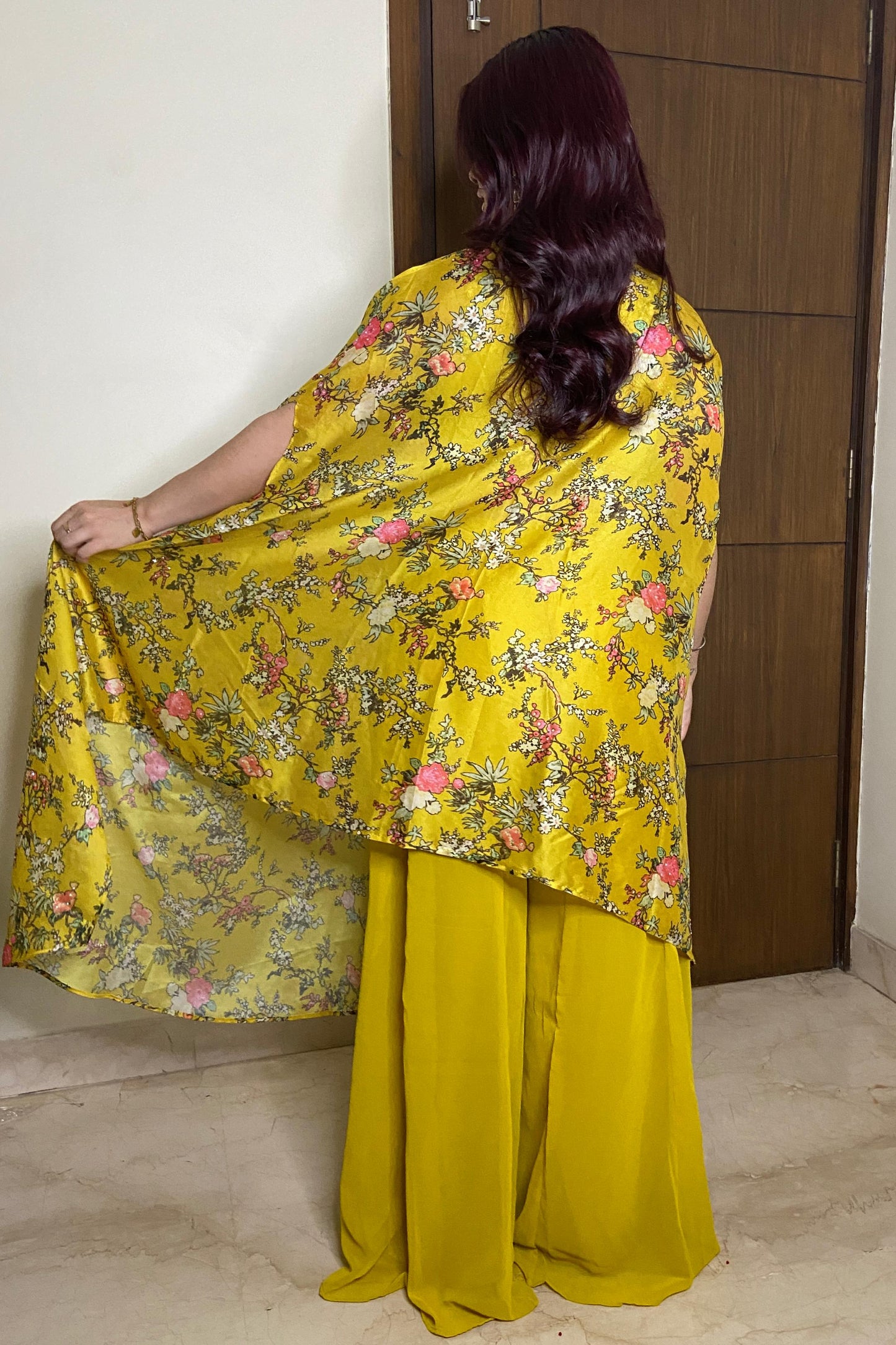 Indo western 3 piece Dress With Digital Printed Shrug In Yellow For Haldi Occasion