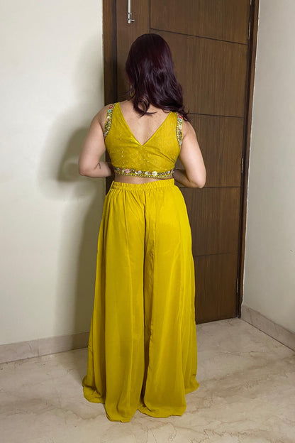 Indo western 3 piece Dress With Digital Printed Shrug In Yellow For Haldi Occasion