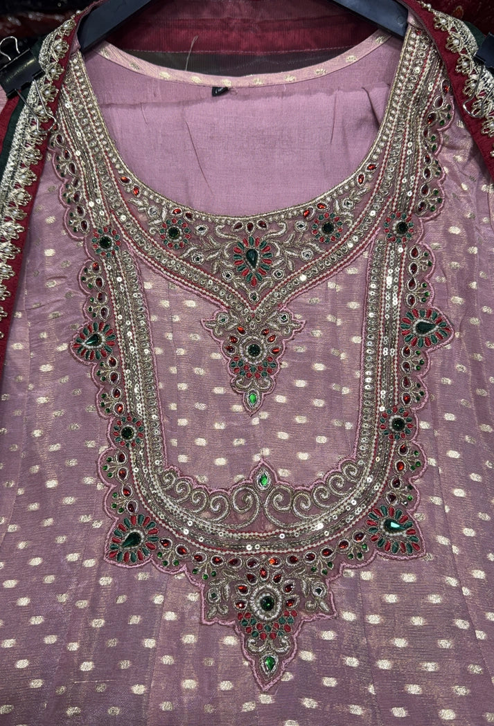 Pure Banarasi Anarkali Suit with Emerald Stone Neckline & Net Dupatta - Flared Anarkali Dress