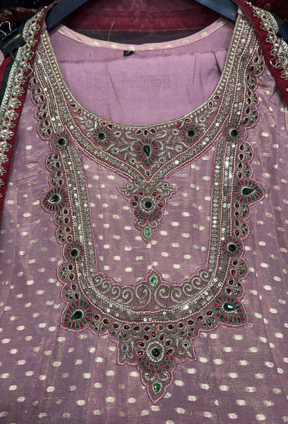Pure Banarasi Anarkali Suit with Emerald Stone Neckline & Net Dupatta - Flared Anarkali Dress