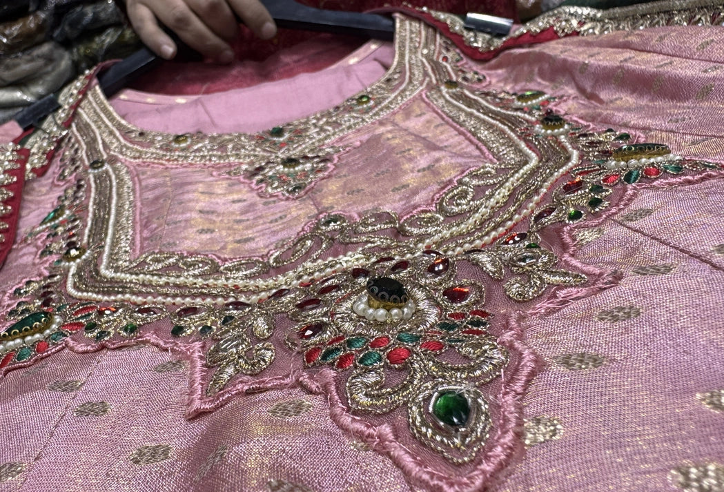 Pure Banarasi Anarkali Suit with Emerald Stone Neckline & Net Dupatta - Flared Anarkali Dress