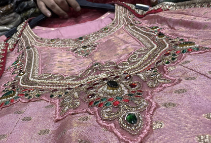 Pure Banarasi Anarkali Suit with Emerald Stone Neckline & Net Dupatta - Flared Anarkali Dress