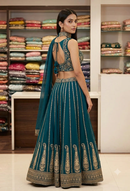 Designer Crop Top Sharara with Full Flare Embroidery & Choker Dupatta