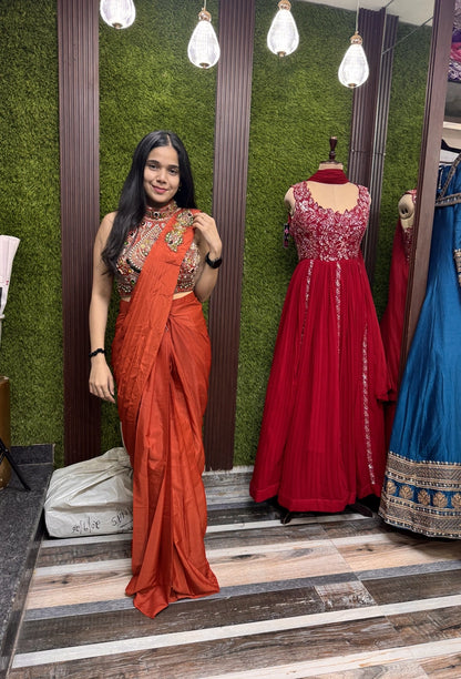 Halter Neck Designer Drape Saree with Heavy Embellished Blouse in Armani Satin - Back Design