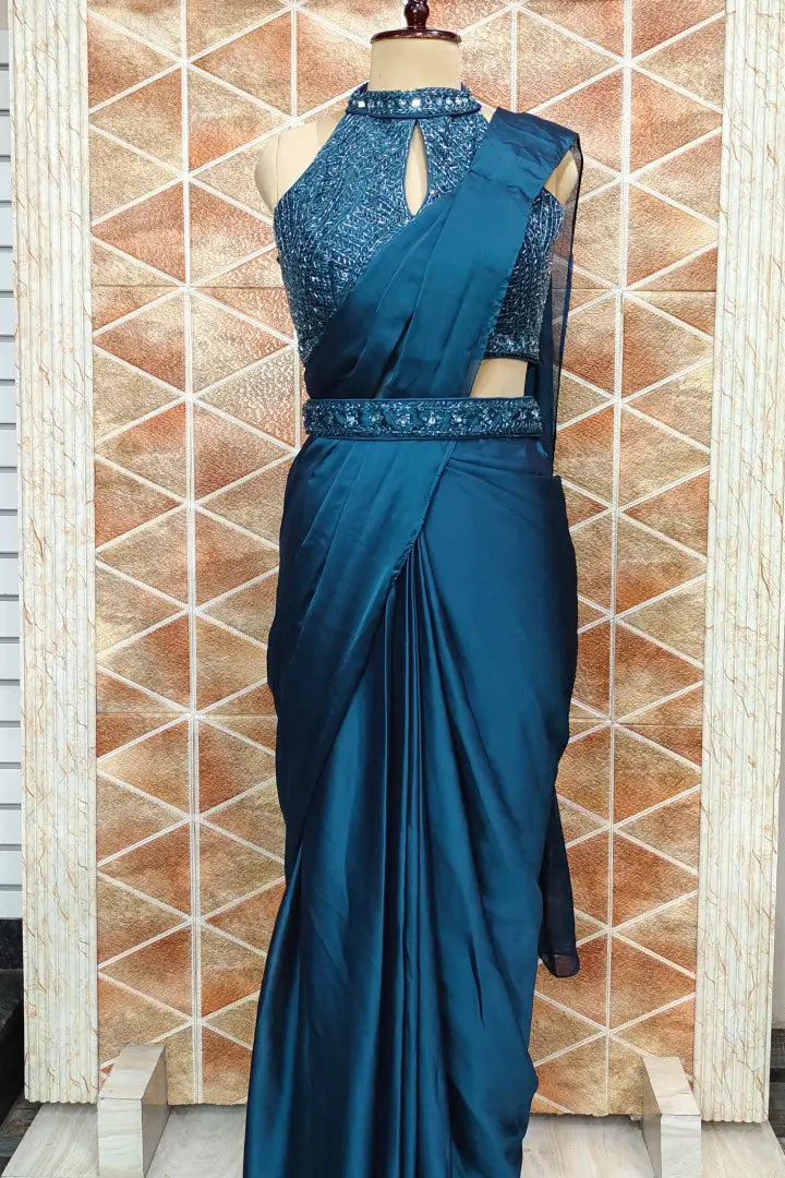 Halter Neck Partywear Readymade Saree In Blue