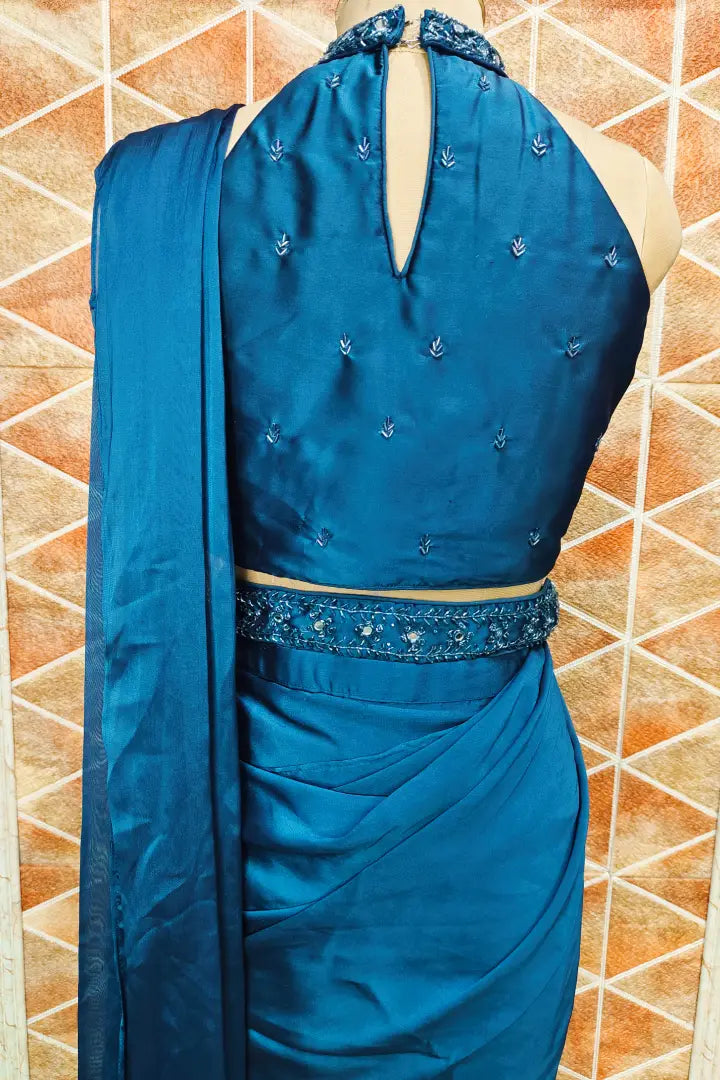 Halter Neck Partywear Readymade Saree In Blue