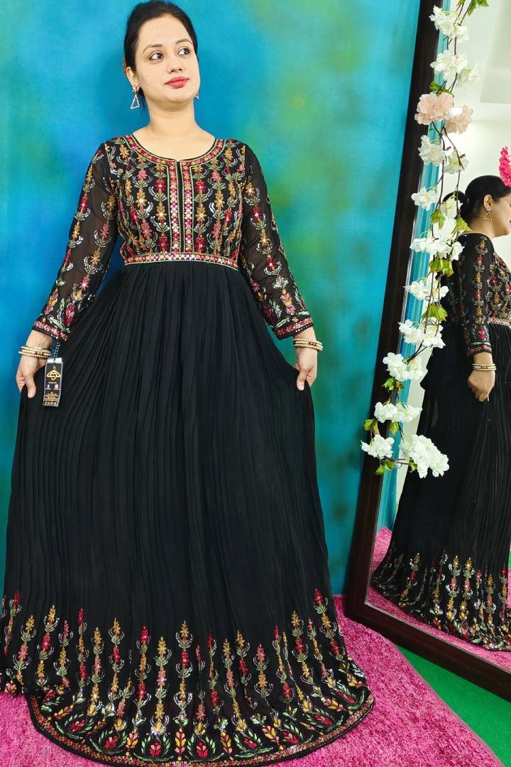 Multi Embroidered Partywear Anarkali In Black