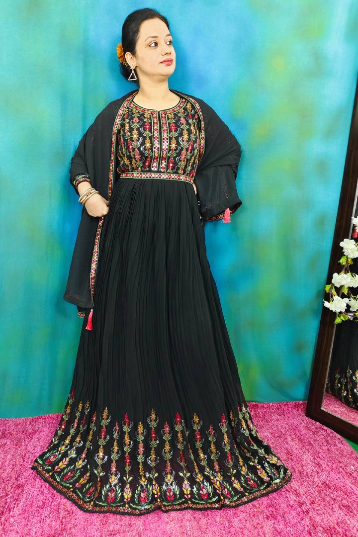 Multi Embroidered Partywear Anarkali In Black