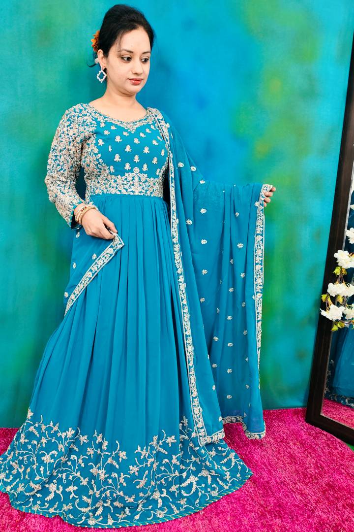 Beautiful Applecut Choli Anarkali Dress In Firozi Colour