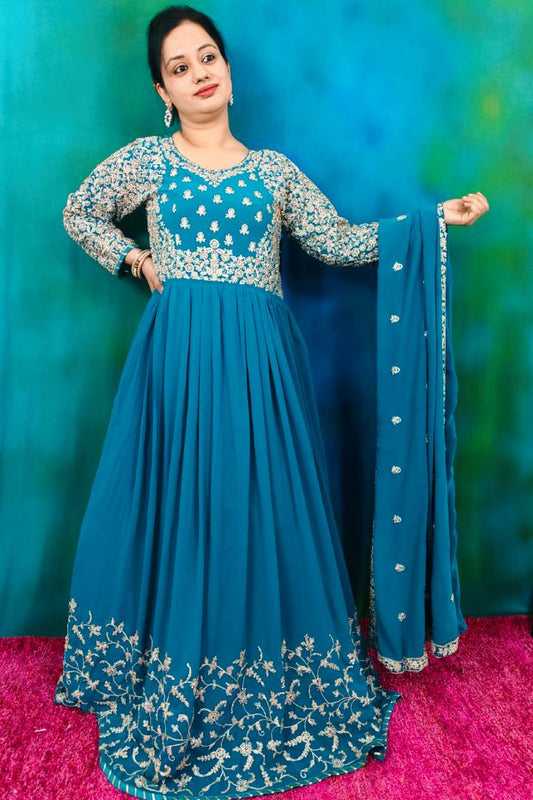 Beautiful Applecut Choli Anarkali Dress In Firozi Colour