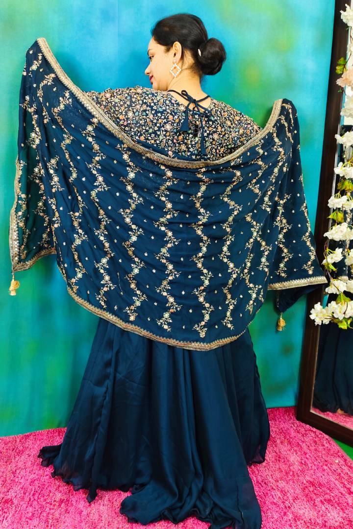 Chinon Silk Anarkali Dress With Heavy Duppatta In Peacock Blue
